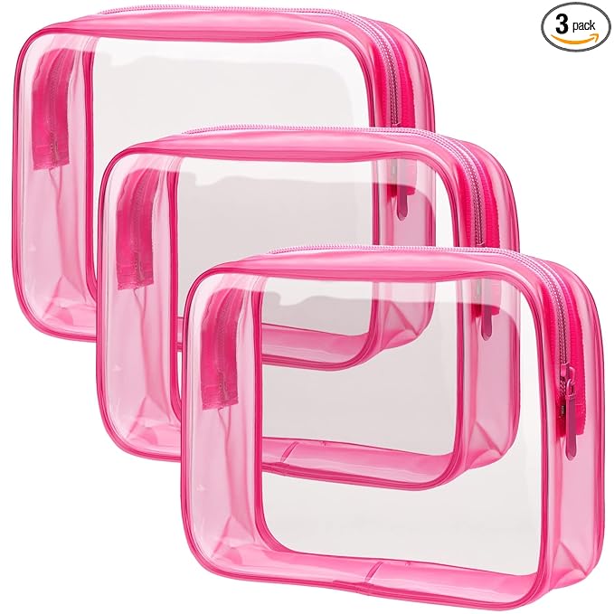 PACKISM Clear Makeup Bags - 3 Pack TSA Approved Clear Travel Bags for Toiletries, Carry on Toiletry Bag TSA Approved Toiletry Bag, Matte Rose Red