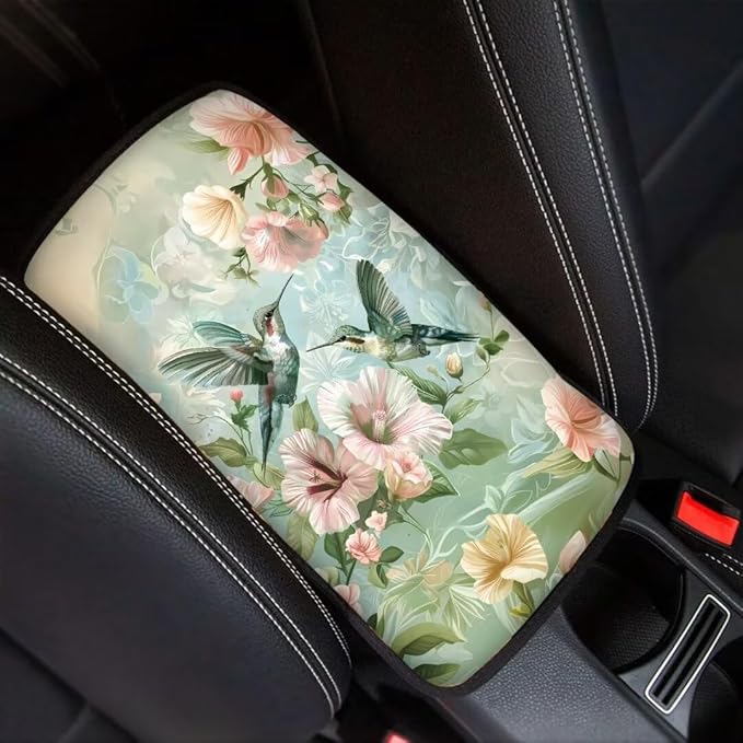 Coldinair Hummingbird Floral Universal Car Center Console Pad Soft Armrest Protector Cover Fit for Most Vehicle,SUV,Truck,Car Interior Accessories Decor,Green