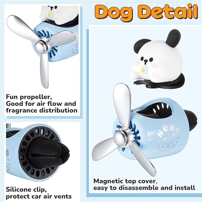 Tallew 2 Pack Car Air Freshener Cute Dog & Panda Car Vent Clip Diffuser with Rotating Propeller Outlet Vent Easy to Install Included 4 Scents Aroma Tablets Aromatherapy Ornament Auto Accessories