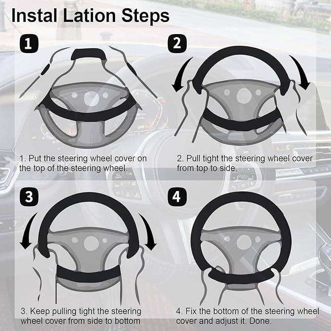 Amiss Car Steering Wheel Cover, 14.5"-15" Comfortable Anti-Slip Safety Protection Design, Microfiber PU Leather Steering Wheel Cover, Universal Fit for 95% Cars, Car Interior Accessories (Black)