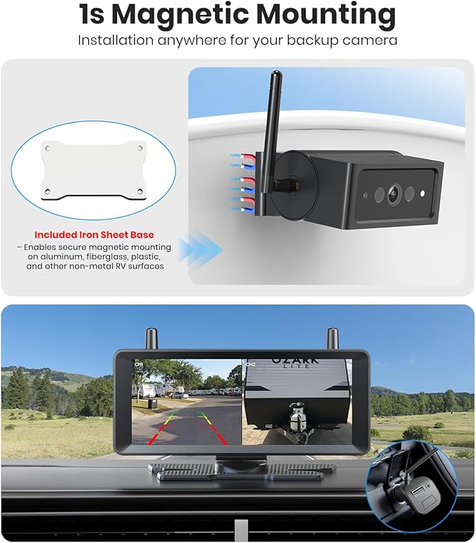 AUTO-VOX 7.2" Wireless Magnetic Backup Camera with Monitor, 1-Min Install, 1080P Dual Camera, 500ft Stable Signal, Built-In DVR Recording, IR Night Vision Backup Camera for RV, Truck, Trailer & Camper
