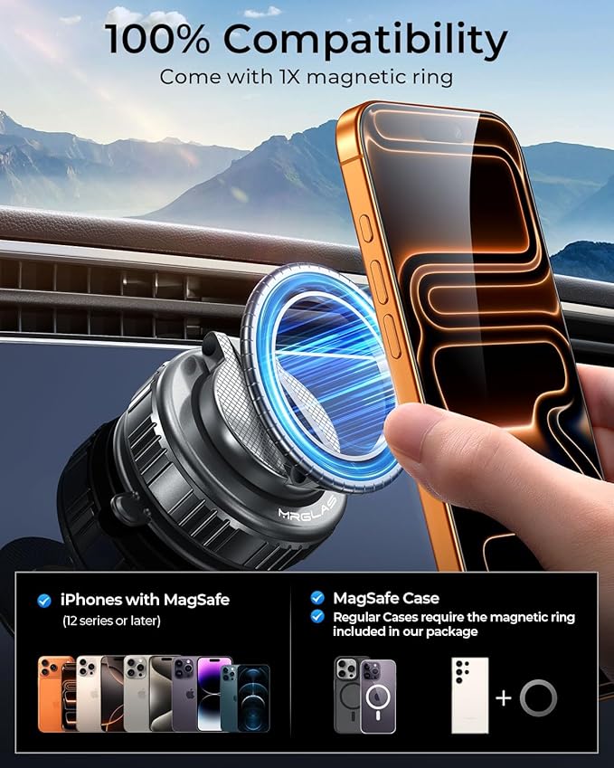 MRGLAS 2026 Upgraded 360° Rotation Vacuum Magnetic Phone Holder Stand,for Magsafe Suction Cup Phone Mount [109+LBS Strongest Suction & Magnetic] Adjustable Swivel Lock, for Your Car/Gym/Mirror/Kitchen