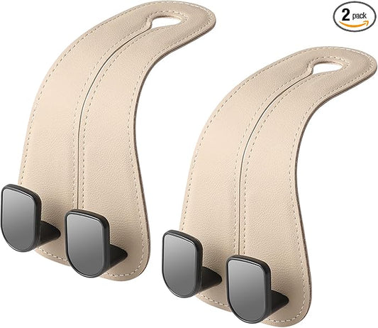 2 Pack KAFANLIN Car Headrest Hooks for Purses and Bags Cute Leather Car Seat Back Head Rest Double Hooks for Bags Cute Pink Beige Car Accessories Headrest Back Seat Handbags Hook (Beige 2 Pack)