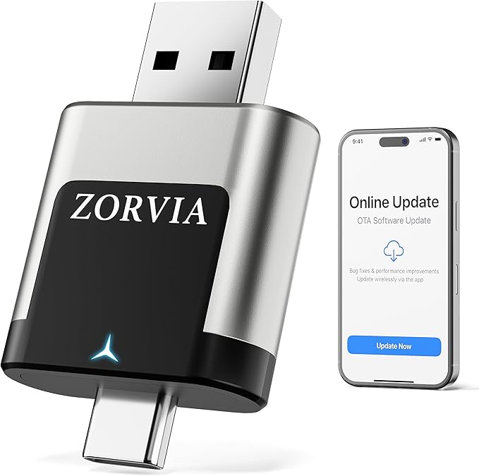 ZORVIA Wireless CarPlay Adapter for iPhone & Android Auto 2026 Upgraded - Convert Wired CarPlay to Wireless, Fast Auto Reconnect, Plug and Play, USB-C & USB-A (Silver)