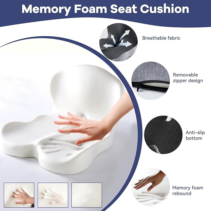 Ergonomic Seat Cushion for Office Chair & Car - Memory Foam Car Cushions for Driving with L-Shaped, Non-Slip Bottom - Orthopedic Pad for Truck Driver (Dark Grey)