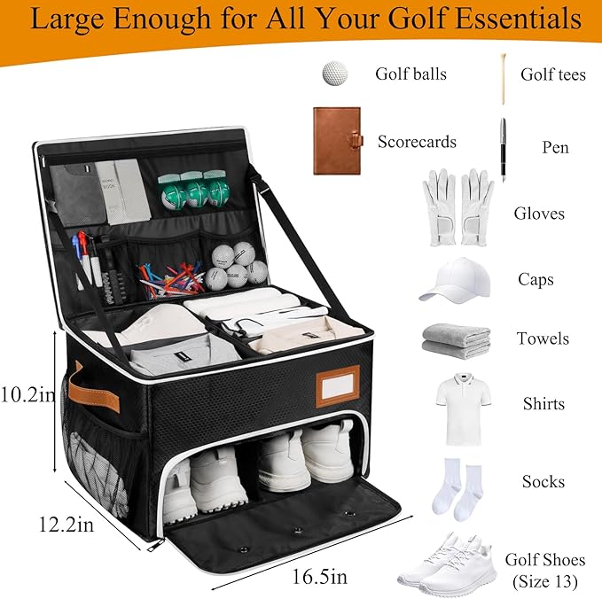 2 Layer Golf Trunk Organizer, Golf Organizer with 2 Pairs Shoes Compartment, Golf Storage Waterproof Car Trunk Locker for Balls, Caps, Clothes, Gloves, Accessories, Gifts for Golfers