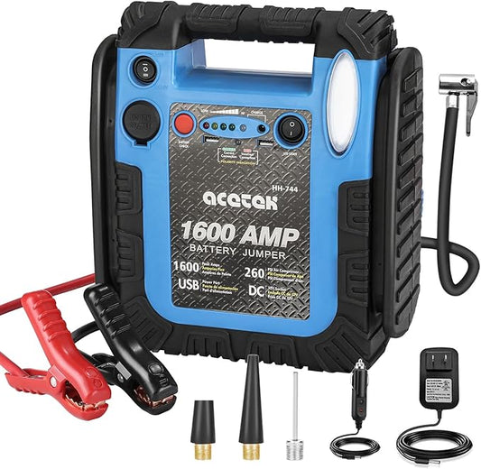 Jump Starter,1600 Peak Amp 12 Volt Jump Starter with Air Compressor, Auto Lead-Acid Battery Booster (Up to 6L Gas or 6L Diesel Engine) with LED Light & USB Output