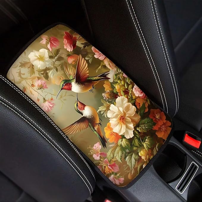 Dreaweet Car Center Console Cover Pad Hummingbird Flower Car Accessories for Women Softness Car Arm Rest Cushion Cover Universal Armrest Cover for Car SUV Sedan