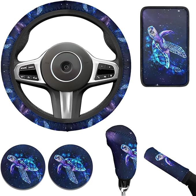 Blue Sea Turtle Car Steering Wheel Cover Sets 6 Pcs Car Accessories Cup Coaster Handbrake Cover Suit Universal Fit Auto,Suvs,Truck