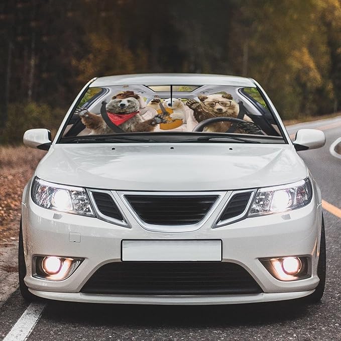 Socira Funny Bear Car Window Shades Windshield Sun Shade Umbrella Foldable Bear Sunshade for Front Window Auto Windshield Sunshade Covers Bear Car Accessories 57'' X 30''