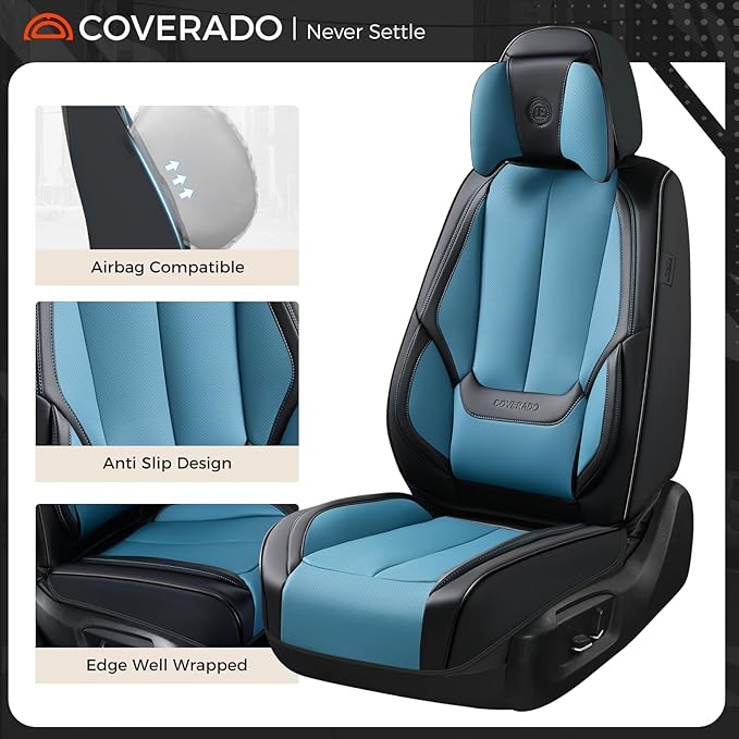 Coverado Seat Covers Full Set, 5 Seats Seat Covers for Cars, Waterproof Nappa Leather Car Seat Covers with Head Pillow, Seat Protectors Car Seat Cushion Universal Fit for Most Cars (Black&Blue)