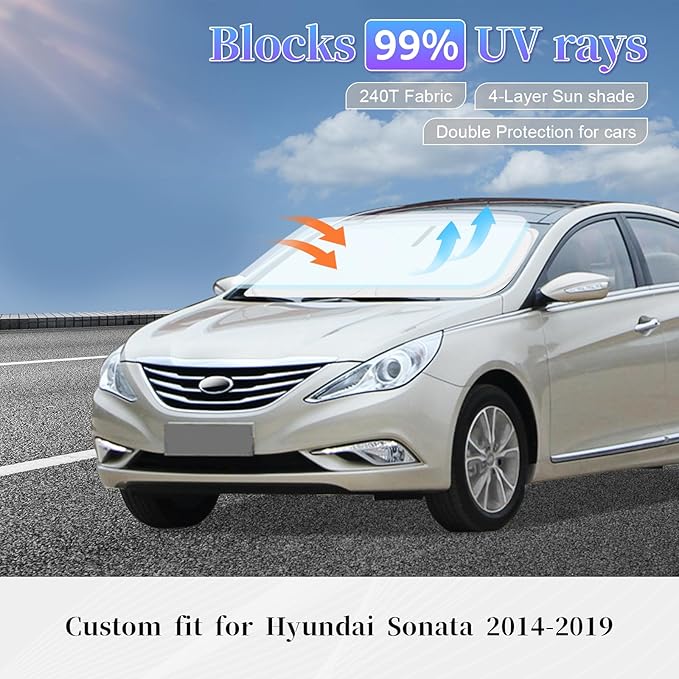 for Hyundai Sonata 2014-2019 Sun Shade Sunshade Windshield Cover, 4-Layer Front Window Shade Custom fit Sonata Sun Visor 240T Retractable Shade Shield Blocks UV Rays Cooler Car Accessories