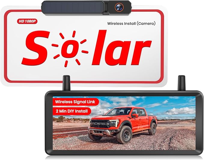 Solar Wireless Backup Camera: 7.2" 1080P Monitor, 2-Min DIY Installation, Dual Antennas, Split-Screen DVR Recording, IP69K Waterproof Reverse Camera for Car, Van, SUV, Truck, Trailer