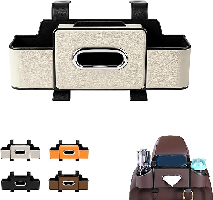 Car Organizers and Storage Box Behind Seat, Car Organizer Back of Seat, 4 in 1 Multifunctional Cars Organizer, For Snacks, Drinks, Bag Hook, Keep Tidy & Organized (White)