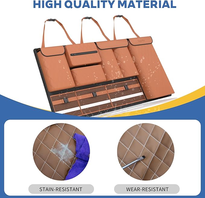 Backseat Hanging Organizer with Large Storage Bags | PU Leather, Large Capacity | Adjustable Straps, Waterproof & Collapsible | Universal Fit for SUVs, Sedans & Trucks | Brown, 37.8" x 18.1" - P810