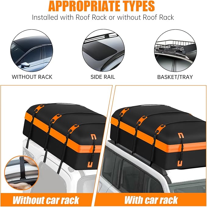 Car Rooftop Cargo Carrier Bag, 30 Cubic Feet Waterproof Soft-Shell Car Roof Bag for All Vehicle with/Without Rack, Include Anti-Slip Mat, Reinforced Straps, Door Hooks Luggage Lock (Orange)