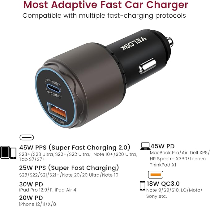 VELOGK Super Fast Type C Car Charger [73W Turbo], Fast Adaptive 55W 45W PPS/PD&QC3.0 USB C Car Adapter[Super Fast Charging 2.0]for Samsung S26 Ultra/S25 Ultra/S24 Ultra/S23 Ultra/S22+,iPad Pro,Macbook