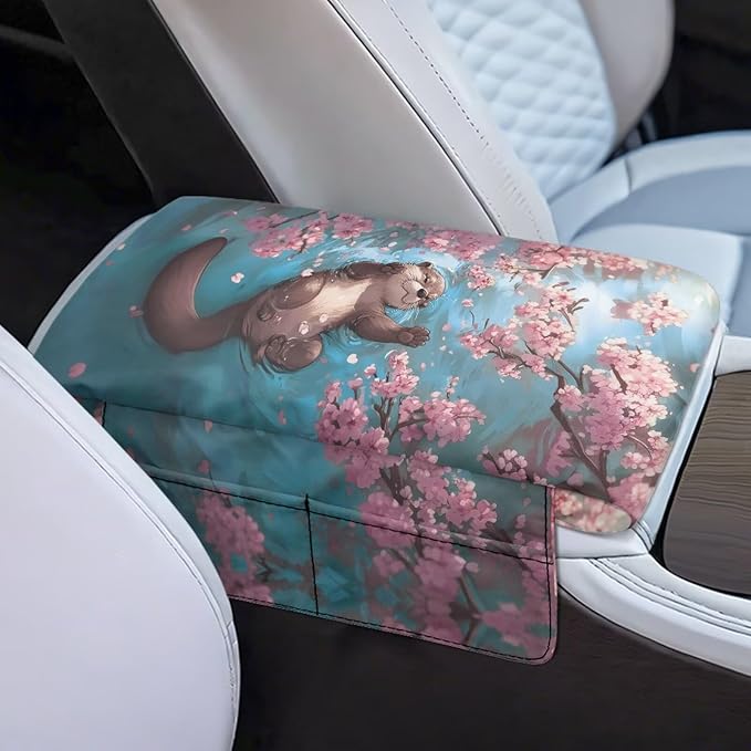 Car Center Console Cover Memory Foam Car Armrest Cushion, Cherry Blossoms Otter Print Middle Console Covers Armrest Pad & Center Console Protector for Truck Auto SUV