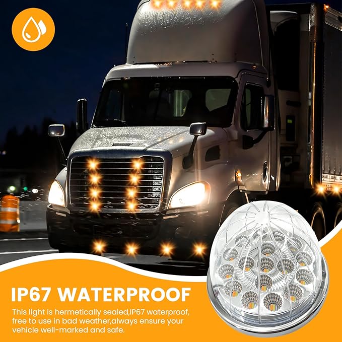 2PCS 17-LED Dual Revolution Amber to Purple Turn Signal & Marker Lights, Clear Lens & Stainless Steel Bezel for Freightliner, Kenworth, Peterbilt, Trailer, Heavy Truck
