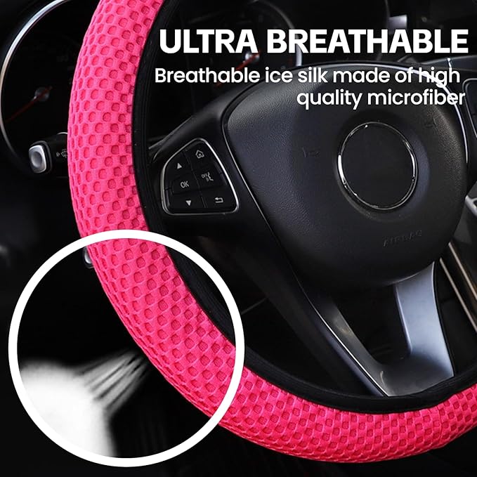 Elastic Stretch Car Steering Wheel Cover, Comfortable Steering Wheel Cover Universal for 14.5-15 Inch, Warm in Winter & Cool in Summer, Anti-Slip Breathable Ice Silk (Rose Red)