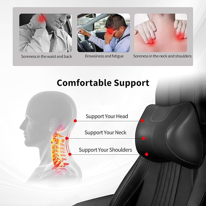2PCS Leather Memory Foam Car Headrest Pillow Ergonomic Neck Pillow, Universal for Tesla Model Y/3/X/S BMW X3 X5 Lexus TX350 NX350 350h RX350 Volvo XC60 XC90 for Neck Pain Relief(Black)