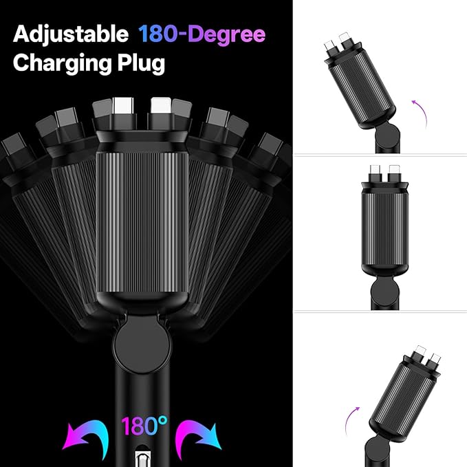 BERTHALESS Retractable Car Charger, 4 in 1 Fast Charging Car Charger USB-C & USB-A Compatible with iPhone 16/15/14/13/12/11,Galaxy,Pixel