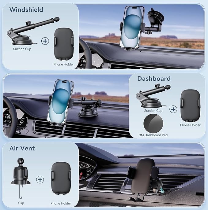 Phone Holders for Car, [Super Suction Cup] Car Phone Mount for Dashboard Windshield & Air Vent, Universal Car Accessories for iPhone 17/16/15, Samsung Galaxy, Most 4-7” Smartphones