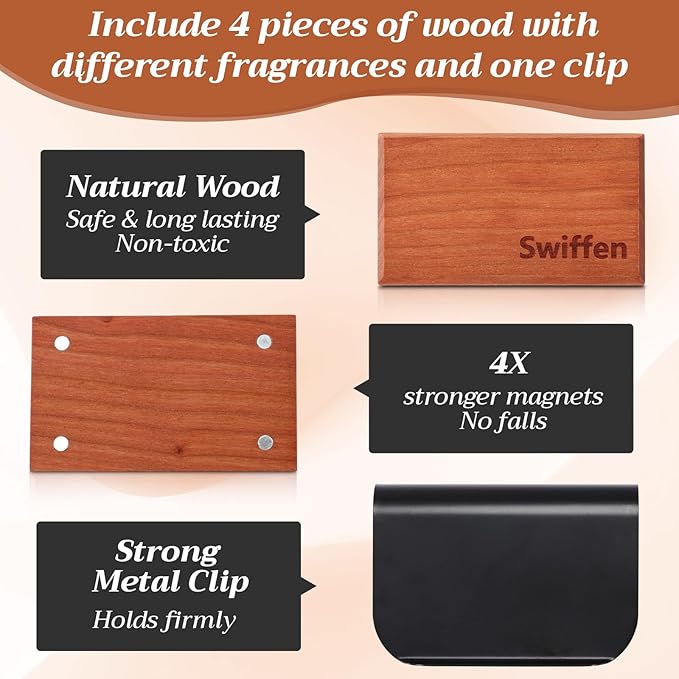 4 Pcs 4 Scents Car Wood Air Freshener Set Wood Fragrance Automotive Odor Eliminator for Visor Clip Vehicle Scent Diffuser with Coconut Open Air Amber Tectona Grandis Refill, Clip Included