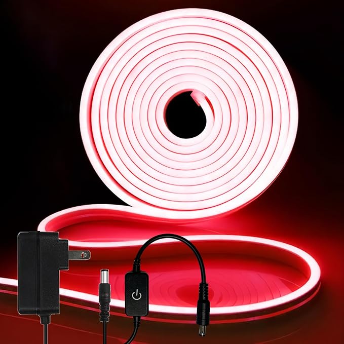 iNextStation 12V Red LED Strip Lights 16.4FT, Flexible Silicone Neon Rope Light with Power Adapter, Waterproof, Cuttable, Dimmable & Linkable, LED Lights Strip for Bedroom, Cabinet, Kitchen(with Plug)