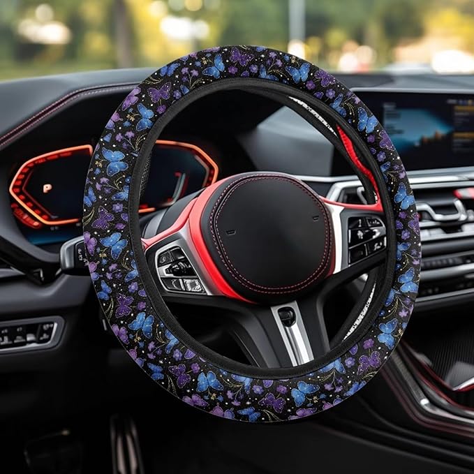 AFPANQZ Steering Wheel Protection for Automotive Steering Wheel Covers, Blue Purple Butterfly Sweat Absorption Comfort Grip for Driver Women Men