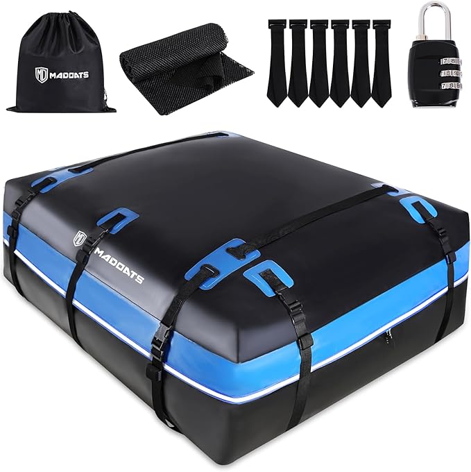 Rooftop Cargo Carrier, 22 Cubic Ft Car Roof Cargo Carrier for All Vehicles, 840D Waterproof Car Top Carrier with Anti-Slip Mat, 6 Hooks, Storage Bag,Zipper Lock for Tripping & Moving - Blue