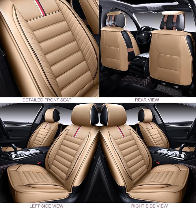 OASIS AUTO Car Seat Covers Front Seats Premium Waterproof Faux Leather Cushion Universal Accessories Fit SUV Truck Sedan Automotive Vehicle Auto Interior Protector (OS-001 Tan)