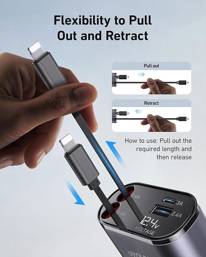 iPhone Car Charger 4 in 1 Fast USB Car Phone Charger 20W Double Lightning Retractable Cables 31.5 Inch and 2 USB Ports Car Charger Adapter for iPhone 17/16/15/14/13/12 Pro Max/XR/XS,Samsung,Pixel,iPad