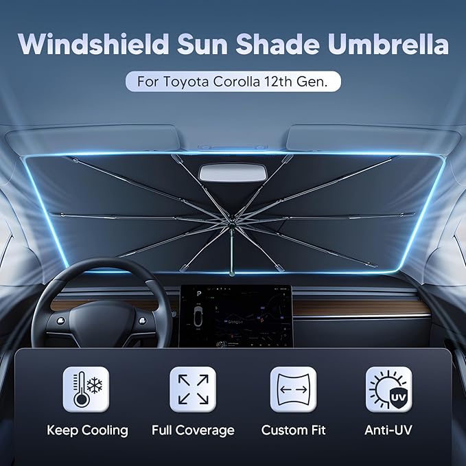 Autorder Windshield Sun Shade Umbrella for 2019-2025 Toyota Corolla Accessories,Upgraded Ice Crystal Material,Easy Setup Umbrella Sunshade for Car Windshield,100% Sun Blocking