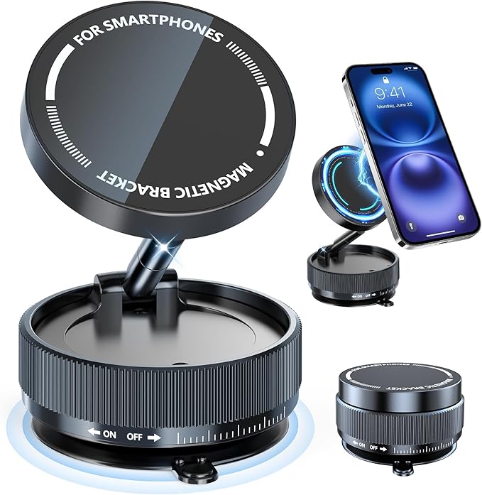 Suction Cup Phone Mount, Vacuum Magnetic Phone Holder Stand for Car, 5 Nano Gel Pads for Smooth/Rough Surfaces, 360° Rotatable Strong Grip Phone Stand for All Smartphones, Driving Home (Black)