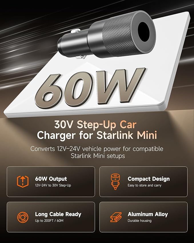 Starlink Mini Car Power Adapter, 12V-24V to 30V DC Step Up Converter, 60W Stable Output, Supports 200FT DC Cable Run, Aluminum Alloy Car Charger for RV Camping Truck Boat
