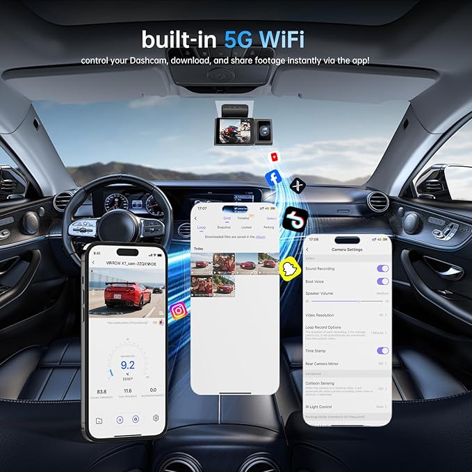 3 Channel Dash Cam: 4K+1080P+1080P-Dash Cam Front and Rear Inside with Free 64GB Card & 5GHz WiFi - Dash Camera for Cars with IR Night Vision APP Control Parking Mode G-Sensor Loop Recording(X7)