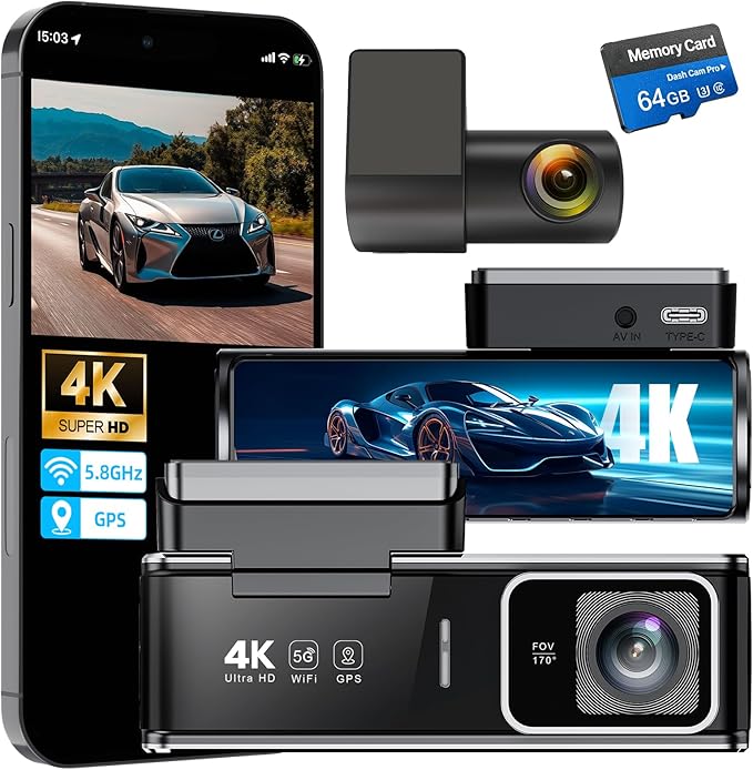 4K+1080P Dash Cam Front and Rear,Dual Dash Camera for Cars with 5.8GHz WiFi GPS,Night Vision,Mini Dash Cam with 3.59" IPS Screen,24H Parking Mode,G-Sensor,Loop Recording,64GB SD Card Included