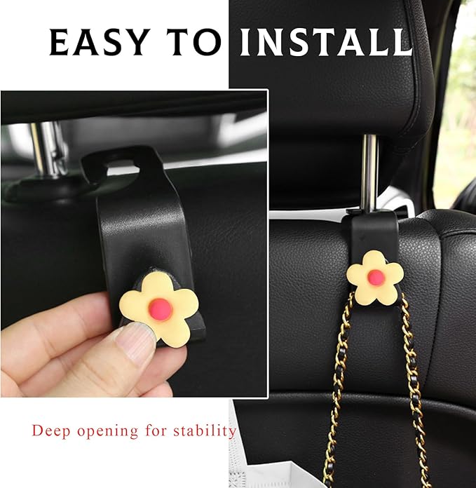 4 PCS Car Seat Headrest Hook, Plastic Headrest Hooks with Adhesive Flower, Auto Back Seat Hanger Storage Hook for Grocery Bag Purse Handbag Umbrella, Car Accessories (Light Yellow)
