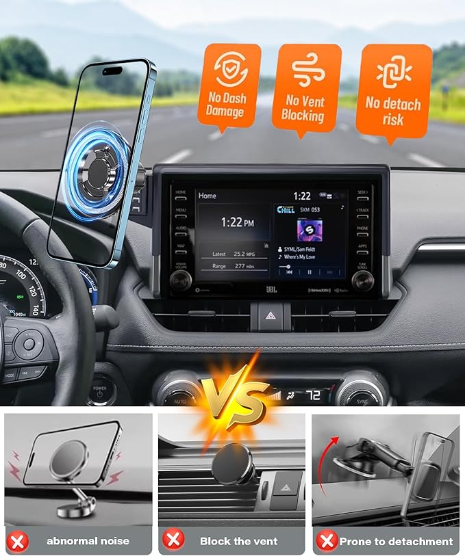 Magnetic Car Phone Mount for Toyota RAV4 2019-2025 Accessories, for MagSafe Strong Magnets Cell Phone Holder 7/8-Inch Touch Screen Cradles, with Portable Phone Gripper 360° Rotation