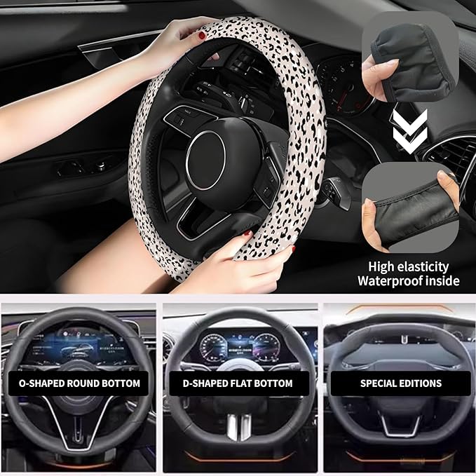 Elastic Car Steering Wheel Cover, Universal 15 inch Non-Slip Breathable Neoprene Steering Wheel Protector, Car Accessories for Women Men Fit Auto, Suvs, Truck White Leopard