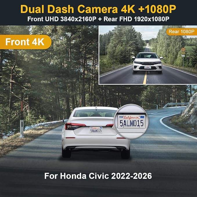 Fitcamx Front 4K+Rear 1080P Dash Cam Adapts for Honda Civic 2022-2026 (Grey Cover) & Type R Si, OEM Factory Look, 2 Way HD Video, WiFi & APP, Loop Recording, G-Sensor, Easy to Use, 128GB Card
