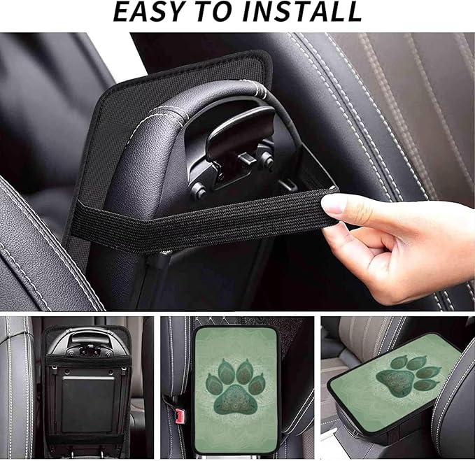 Universal Center Console Cover Dog Paw Print Arm Rest Covers Armrest Cover Boho Vintage Sage Green Middle Console Covers Lid Cushion Pad for Most Vehicle, SUV, Sedan, Car Accessories