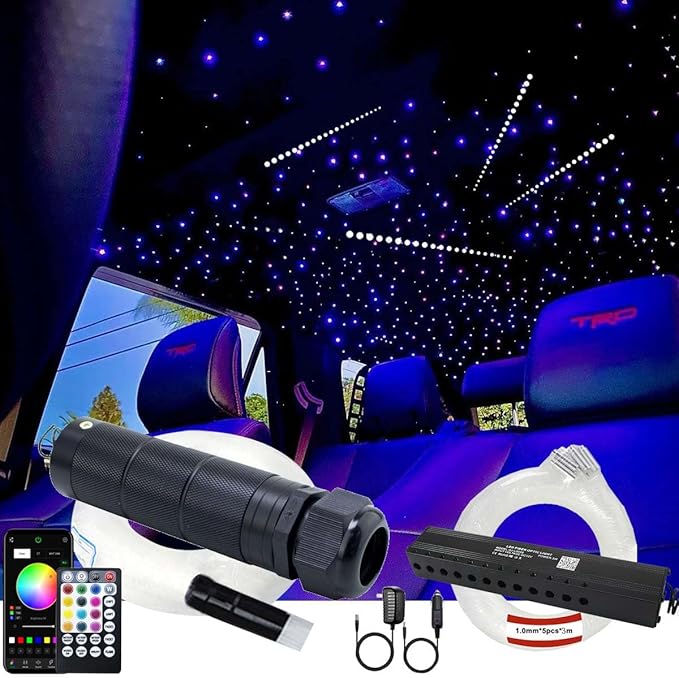AZIMOM 6W RGBW 550pcs 0.03in 13.1ft Fiber Optic Starlight Headliner Kits with Meteor Shooting Star Fiber Strands Sound Activated Bluetooth/APP Remote Control Starlight