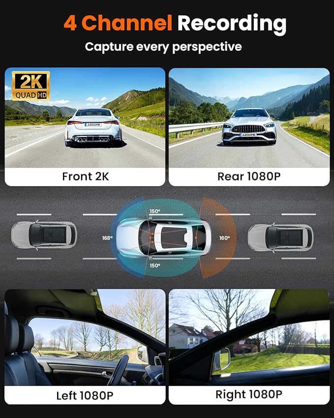 ENLIK Dash Cam Front and Rear 360 Dashcam 4 Channel Car Camera Dash Camera for Cars, QHD 2K+1080P*3 Camara with 128GB Card, 5G WiFi &APP Control, Night Vision/G-Sensor, 168°Wide Angle, Parking Mode