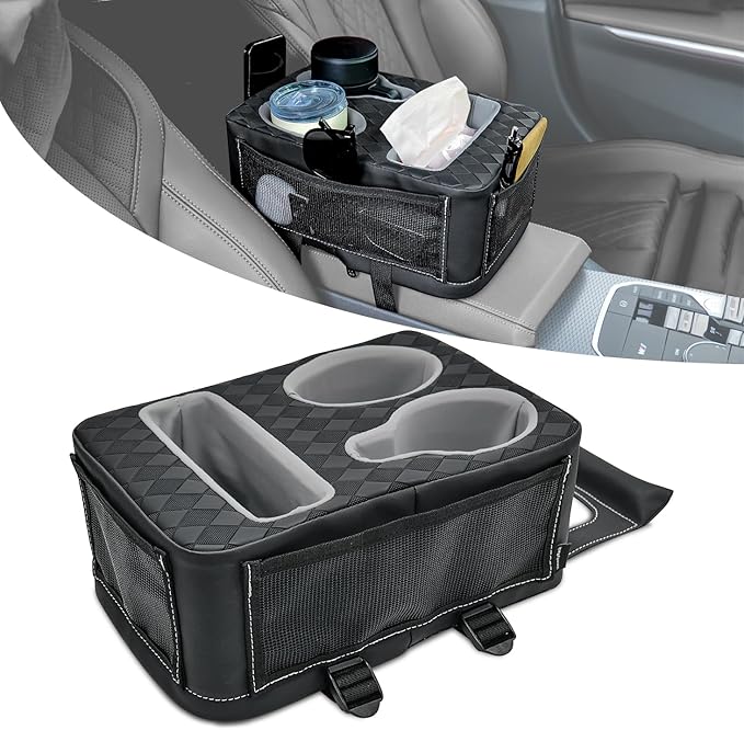Center Console Cup Holder, Universal Car Armrest Storage Box with Bottle Holder & Tissue Slot & Side Pockets, Car Back Seat Truck Boat Couch Organizer PU Leather