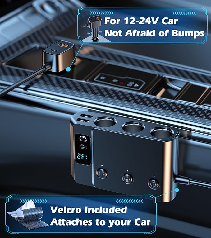 9 in 1 Cigarette Lighter Splitter, USB C Car Charger Adapter with PD30W, 3 Sockets with Independent Switches, LED Voltmeter 12V Power Outlet TSNAM