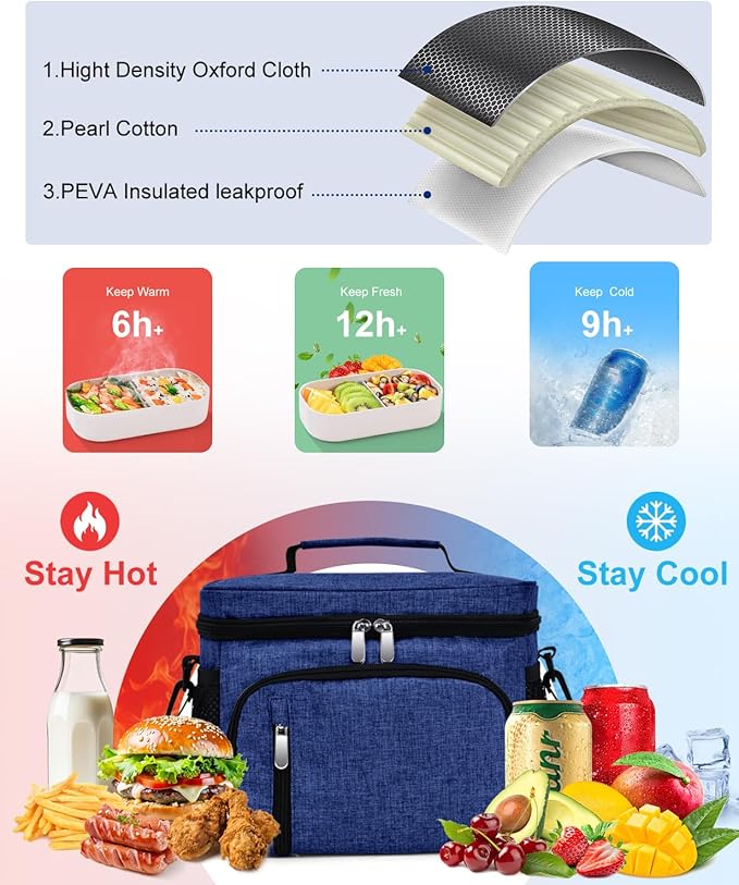 Insulated Lunch Bag for Men & Women, 9L Leakproof Lunch Box Soft Cooler Tote with 5 Pockets, 600D Oxford, EVA Lining, Adjustable Strap for Work, Picnic, Beach&Travel-Navy Blue