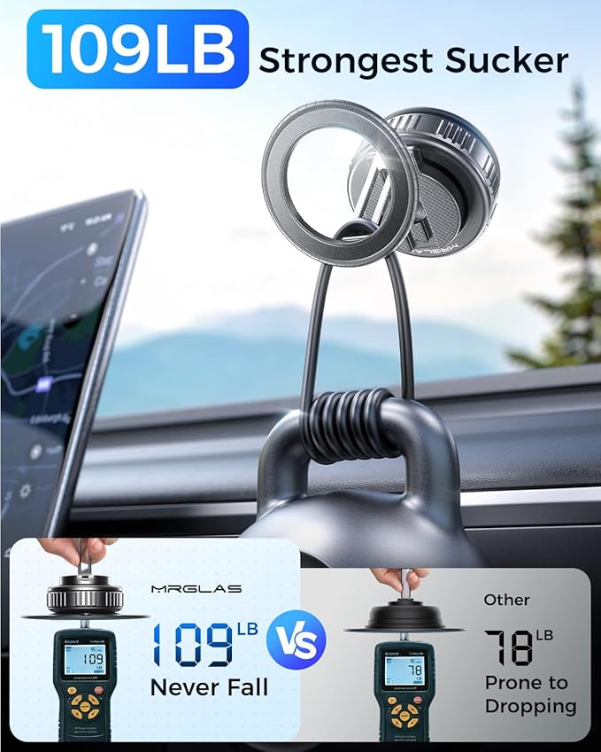 MRGLAS 2026 Upgraded 360° Rotation Vacuum Magnetic Phone Holder Stand,for Magsafe Suction Cup Phone Mount [109+LBS Strongest Suction & Magnetic] Adjustable Swivel Lock, for Your Car/Gym/Mirror/Kitchen