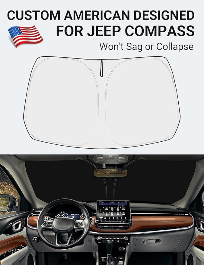 Proadsy Custom Fit Jeep Compass 2017-2024 2025 2026 Windshield Sun Shade 4-Layer Foldable Front Sunshade Protector Sun Visor Blocks UV Rays Keep Car Cooler